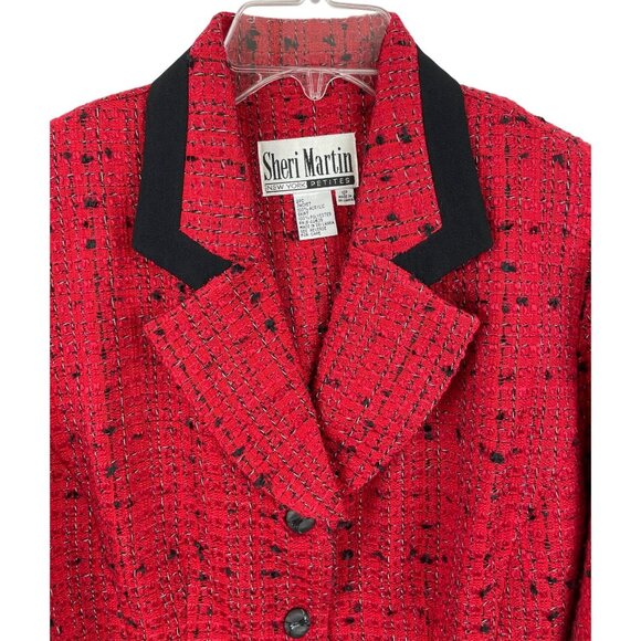 Sheri Martin Womens Size 12P Red Textured Blazer Black Collar & Button Front - Picture 3 of 8